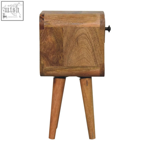 Rustic extra mini oak-ish curve lower bedside table with natural oak finish and black metal handle drawer bedside table