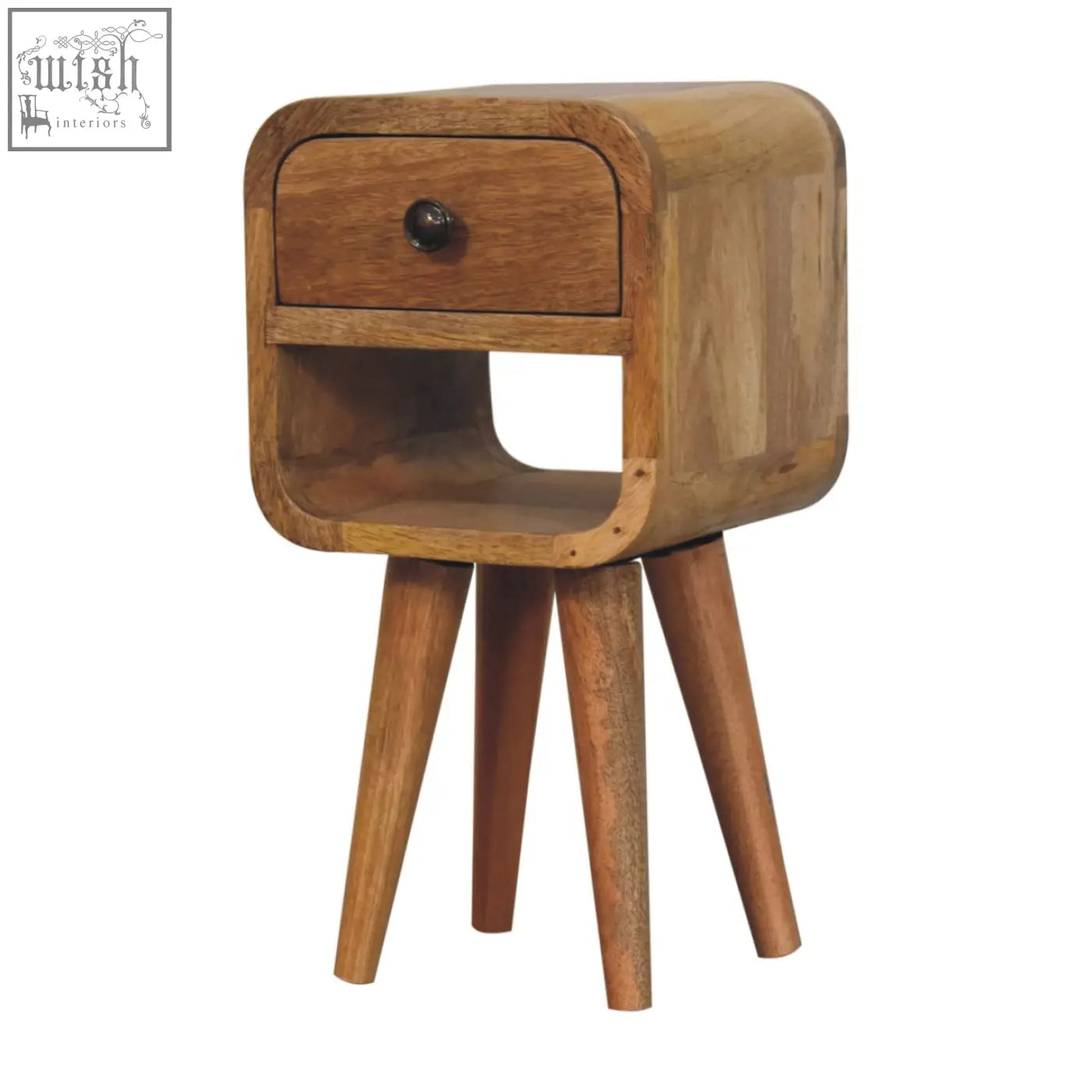 A sleek light brown wooden bedside table with curve lower bedside design and natural oak finish