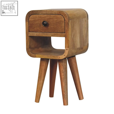 A sleek light brown wooden bedside table with curve lower bedside design and natural oak finish