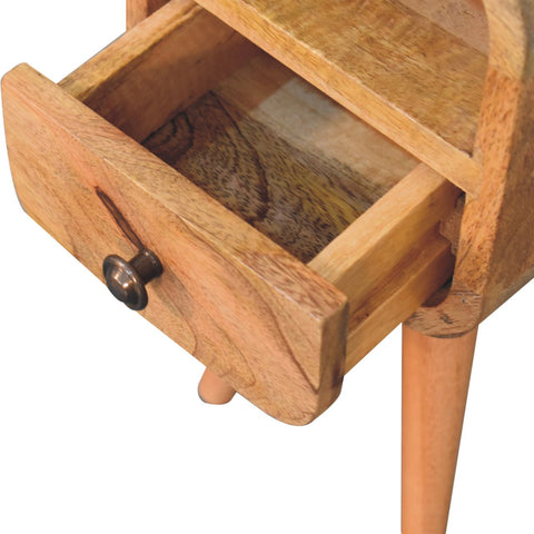 Extra mini oakish curve open slot bedside table made of light brown wood with visible grain and a drawer with dark metal knob