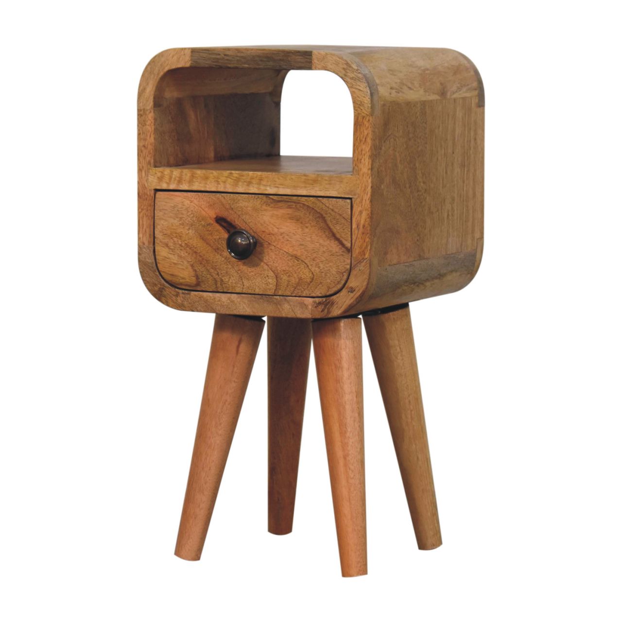 A rustic extra mini oakish curve open slot bedside table with a curved top, single drawer, and three tapered legs
