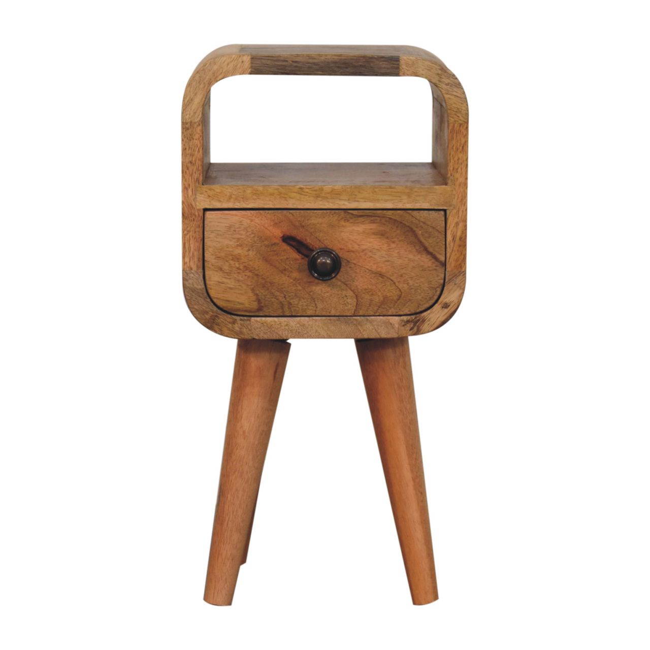 Rustic oakish bedside table with a dark metal knob open slot and tapered legs for extra mini storage