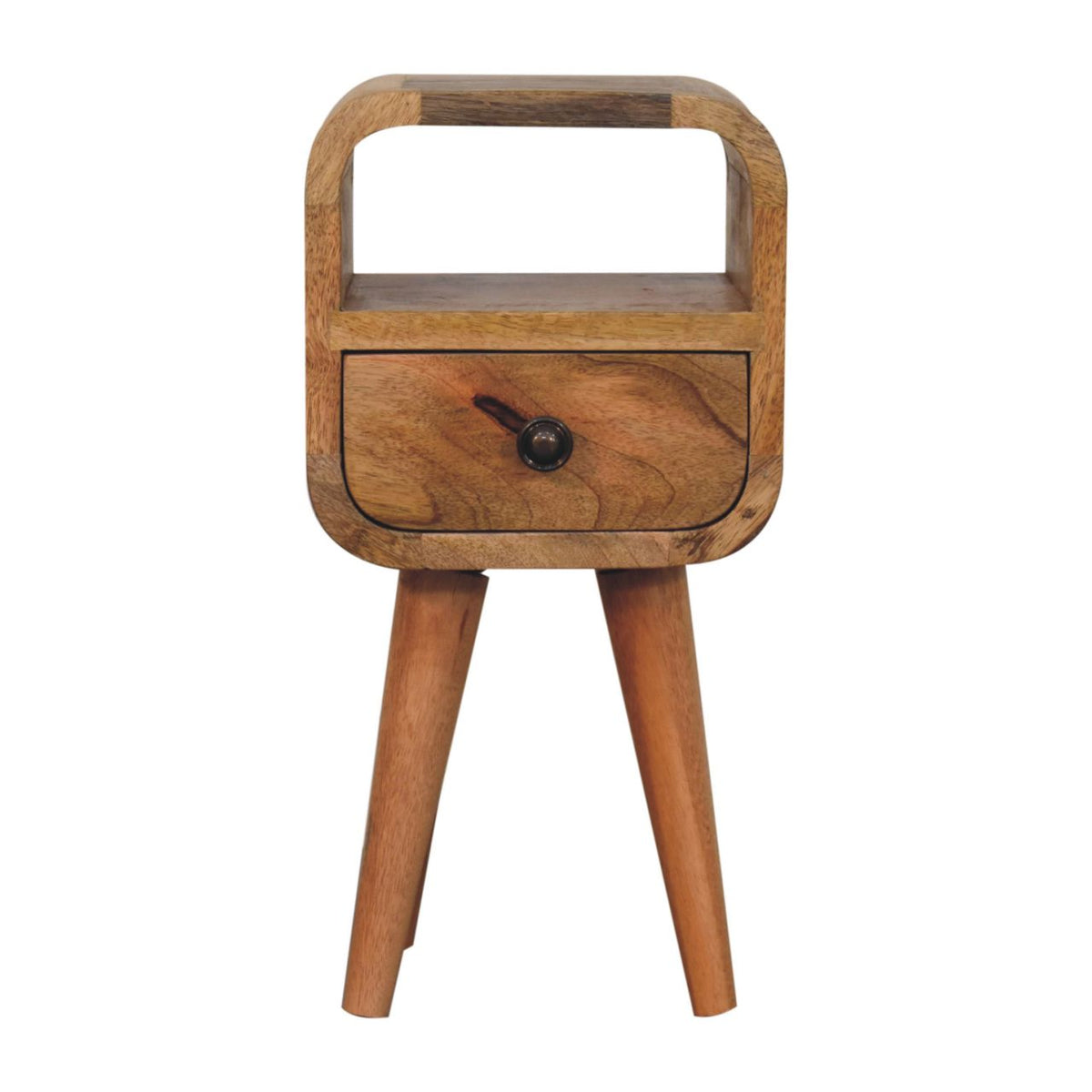 Rustic oakish bedside table with a dark metal knob open slot and tapered legs for extra mini storage