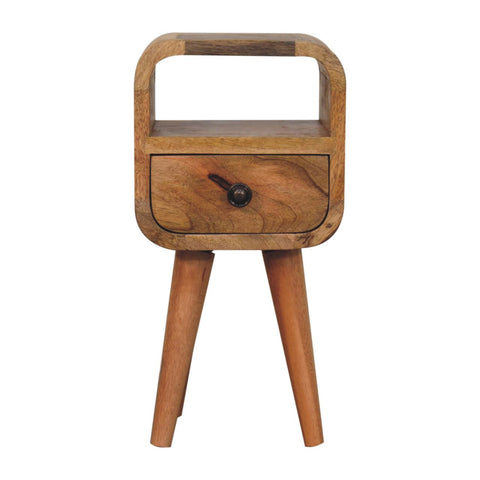 Rustic oakish bedside table with a dark metal knob open slot and tapered legs for extra mini storage