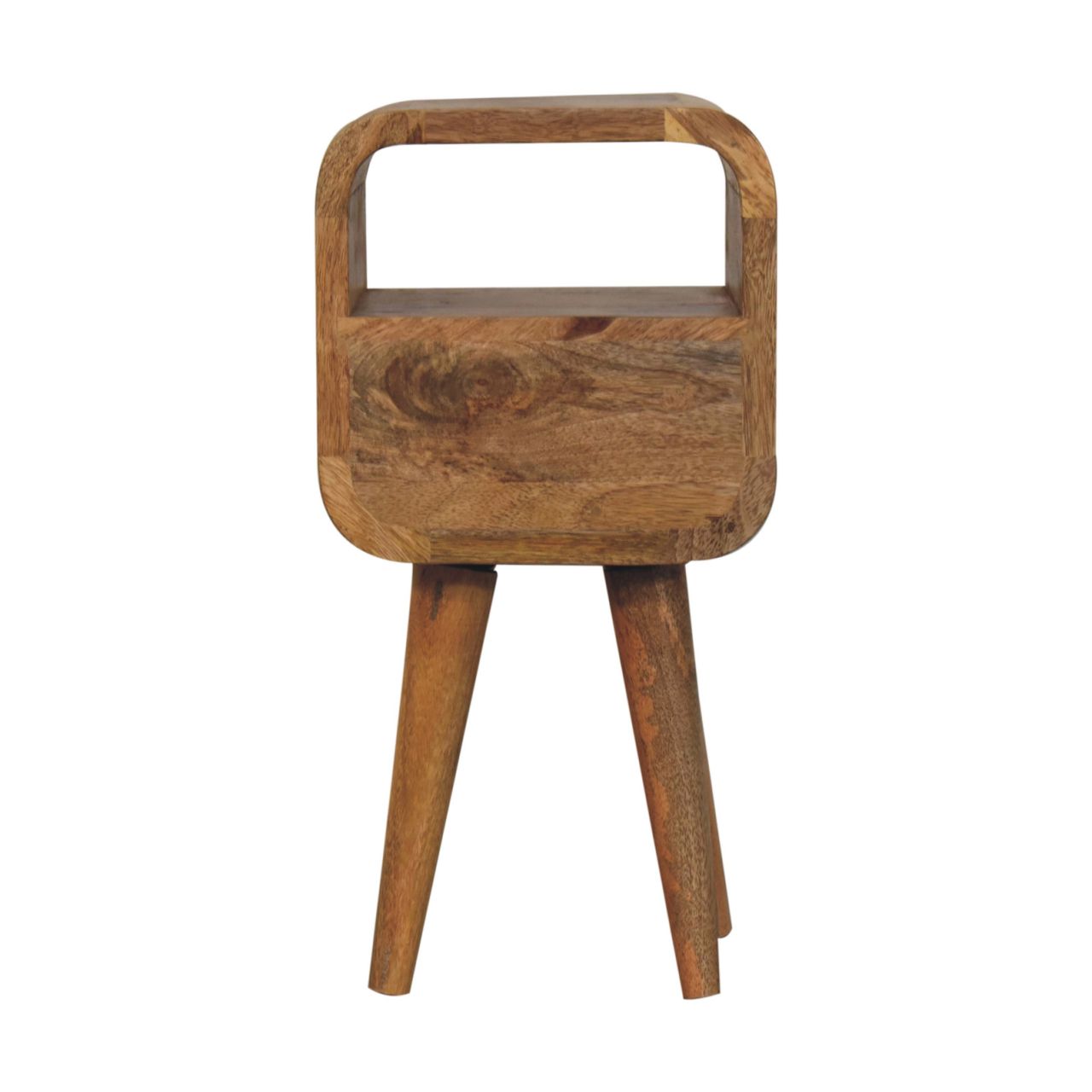 A rustic oakish curve open slot bedside table with a rectangular top rounded corners and three tapered legs