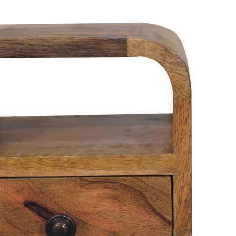 Extra mini oakish curve open slot bedside table with rustic wood grain finish and dark metal drawer knob