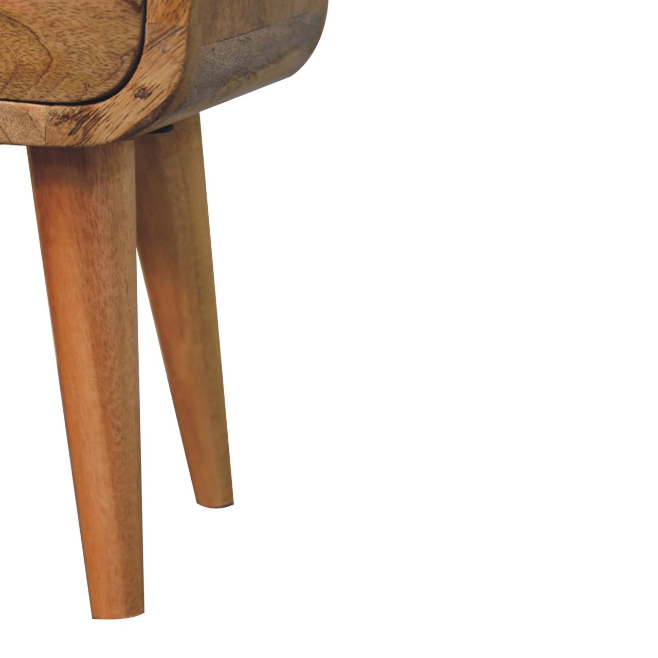 A rustic extra mini oakish curve bedside table with tapered legs and an open slot in natural wood finish