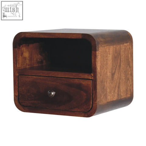 Dark brown solid mango wood nightstand with single drawer and rounded edges for extra mini wall mounted bedside use