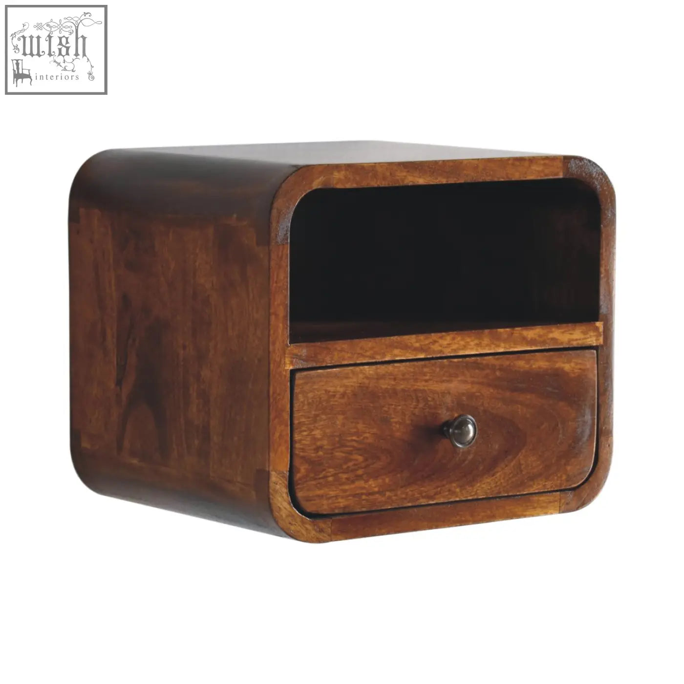 Extra mini wall mounted curved chestnut bedside nightstand in rich brown solid mango wood with drawer and open shelf