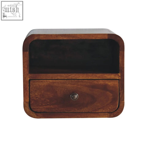 Rich brown extra mini wall mounted curved bedside with single drawer made of solid mango wood