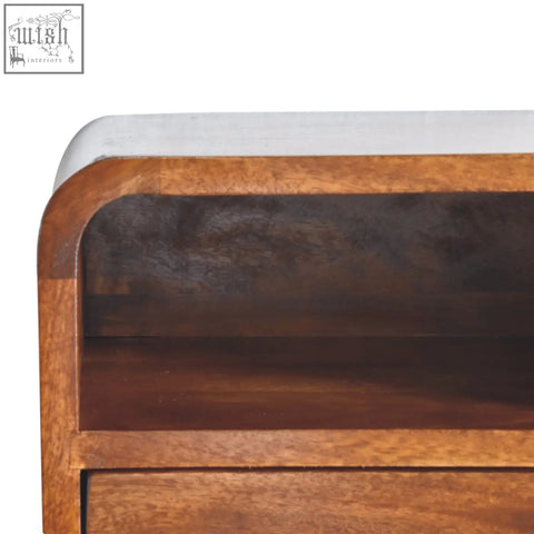 Warm-toned extra mini wall mounted curved bedside cabinet with dark shelves made of solid mango wood