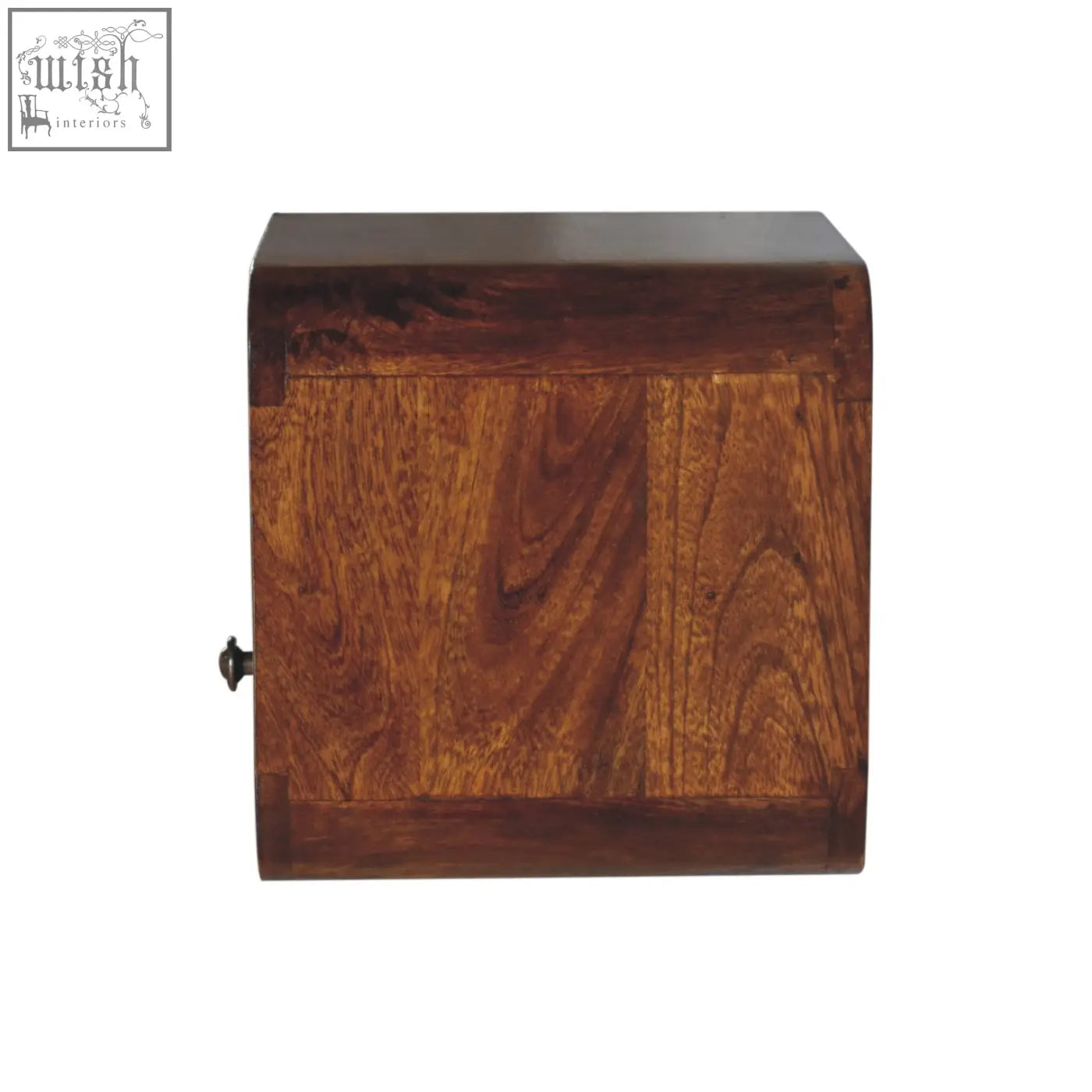 Extra mini wall mounted curved chestnut bedside with open shelf made of rich dark solid mango wood with black knob