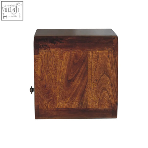 Extra mini wall mounted curved chestnut bedside with open shelf made of rich dark solid mango wood with black knob