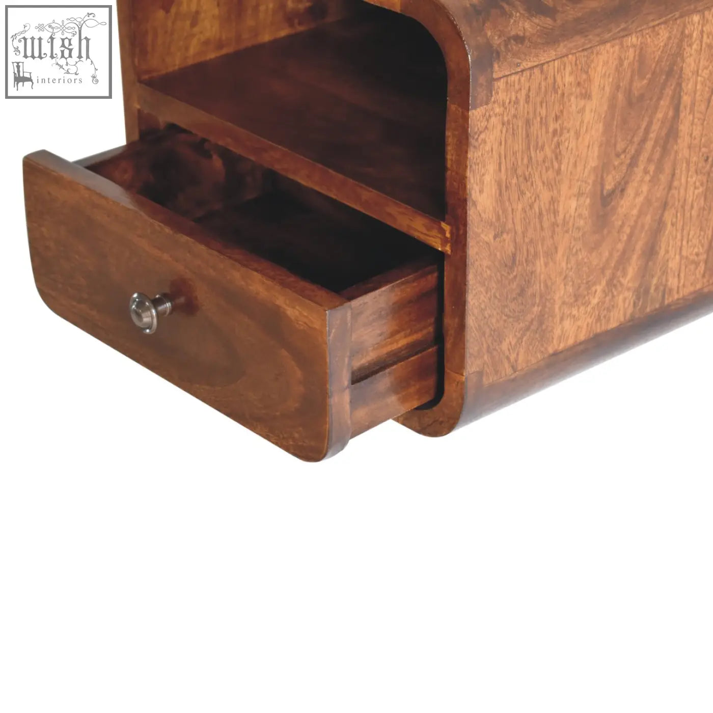 Extra mini wall mounted curved chestnut bedside nightstand in rich brown solid mango wood with single drawer and silver knob