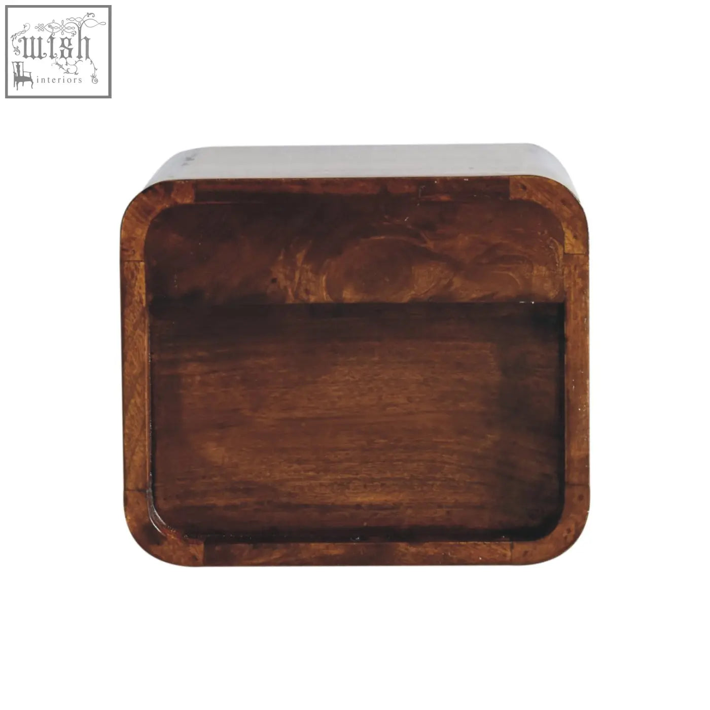 Extra mini wall mounted curved chestnut bedside with open storage in smooth dark brown solid mango wood