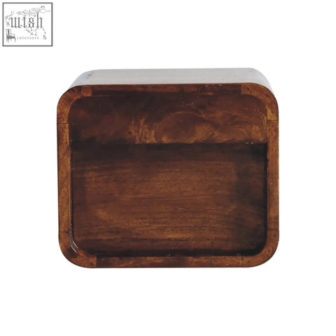 Extra mini wall mounted curved chestnut bedside with open storage in smooth dark brown solid mango wood