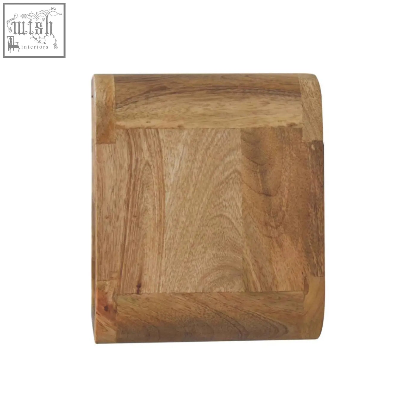 A square wooden coaster with natural light brown mango wood finish and visible grain near an extra mini wall mounted open slot bedside