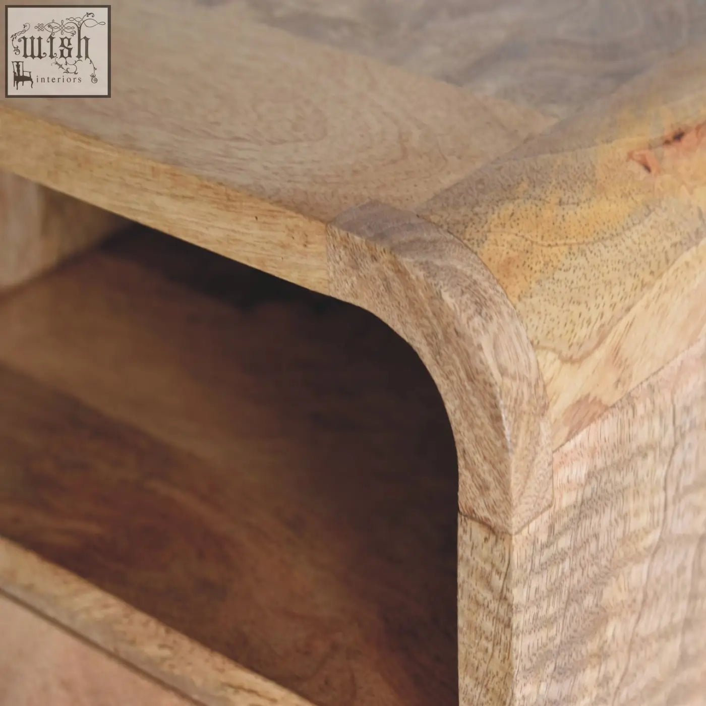Extra mini wall mounted bedside table in light mango wood with open slot and curved edges for compact spaces