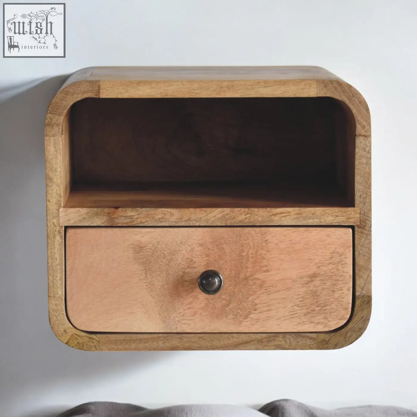 Light brown mango wood extra mini wall mounted nightstand with single drawer rounded edges and open slot