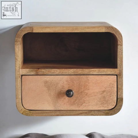 Light brown mango wood extra mini wall mounted nightstand with single drawer rounded edges and open slot
