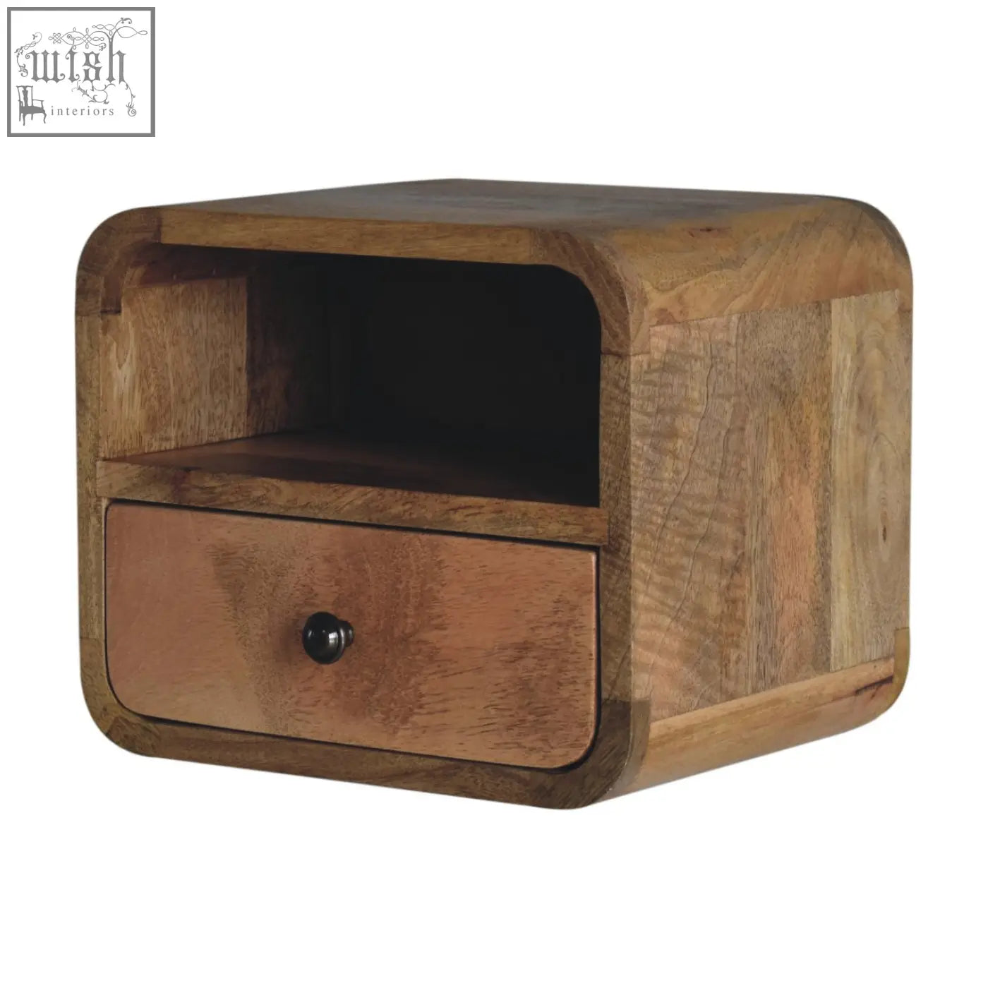 A rustic light brown extra mini wall mounted bedside with rounded edges made of mango wood and an open slot design