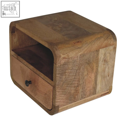Extra mini wall mounted curved mango wood nightstand with open slot and single drawer with black metal knob