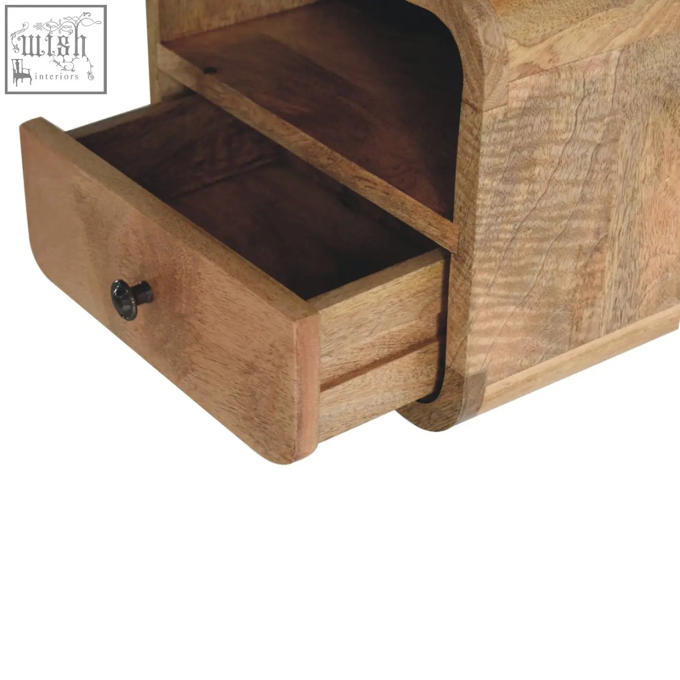 Extra mini wall mounted bedside with open slot made of mango wood featuring rustic natural grain and dark metal knob