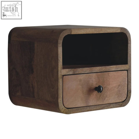 Dark wood extra mini wall mounted nightstand in mango wood with a single drawer, black knob, and open slot shelf