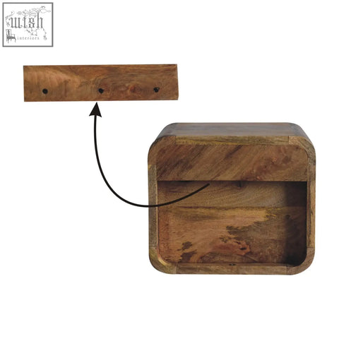Rustic extra mini wall mounted mango wood shelf with open slot and three hooks in oak color for bedside use