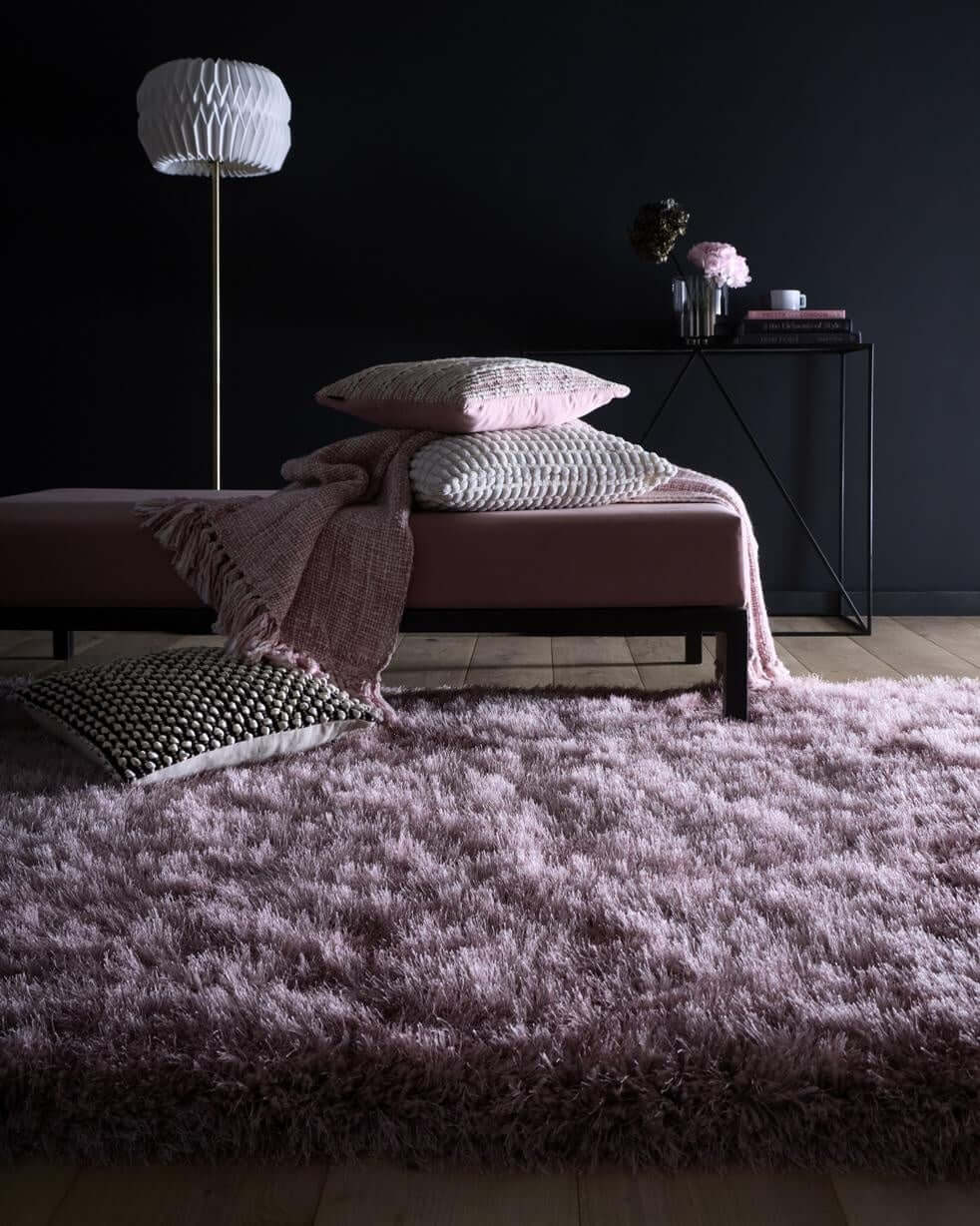 A plush lavender extravagance rose shaggy rug with dense fluffy texture perfect for cozy home decor