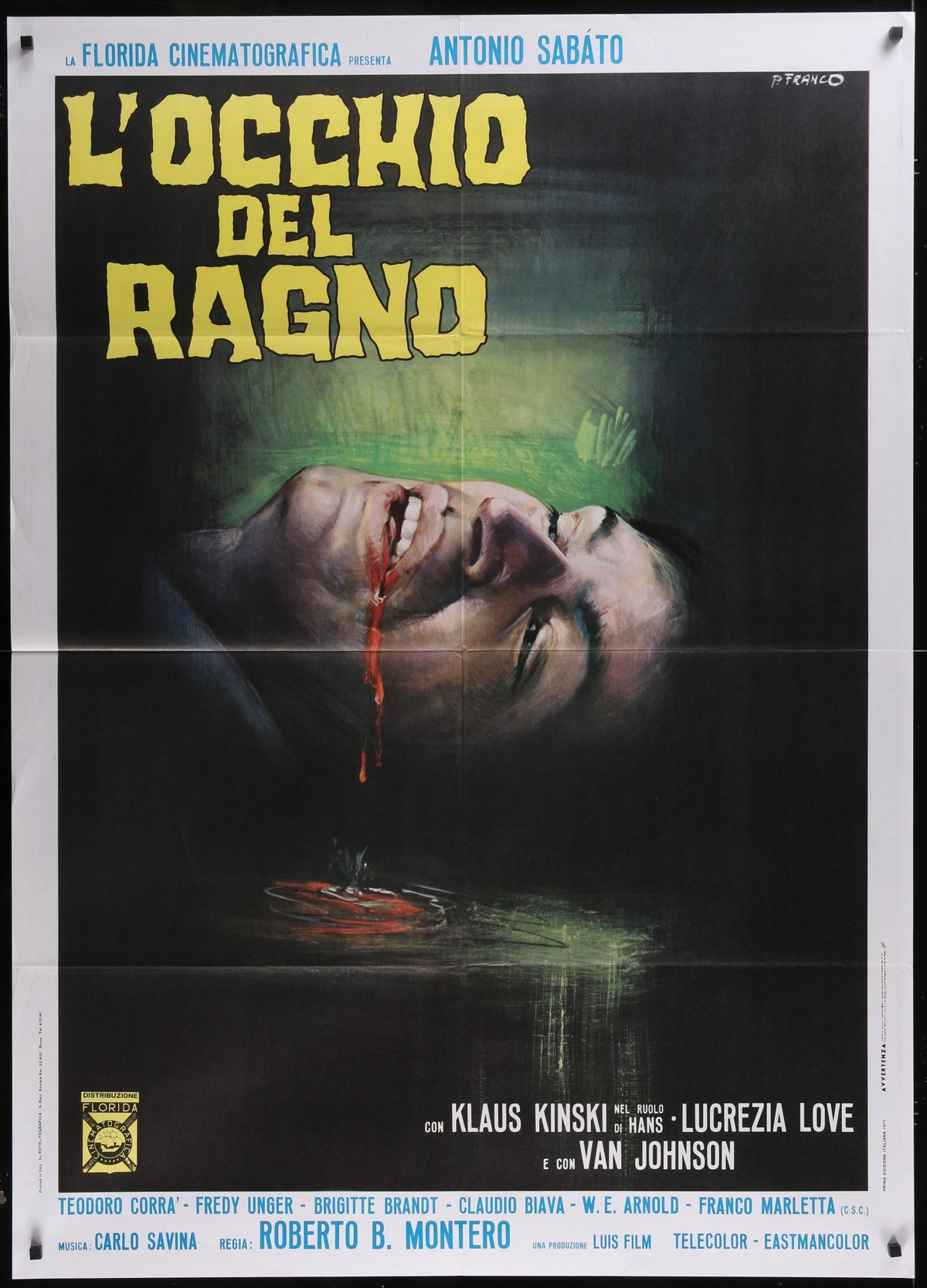 Vintage original italian movie poster for eye of the spider 1971 showing a dramatic close-up with blood dripping from mouth