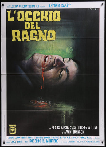 Vintage original italian movie poster for eye of the spider 1971 showing a dramatic close-up with blood dripping from mouth