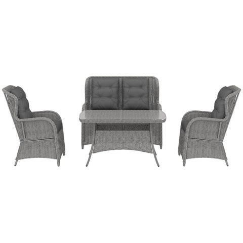 Outsunny Garden PE Rattan Dining Sofa Set, Outdoor 4 Seater Wicker Furniture, High Back Chairs with Cushions, Tempered Glass Coffee Table for Patio, Light Grey