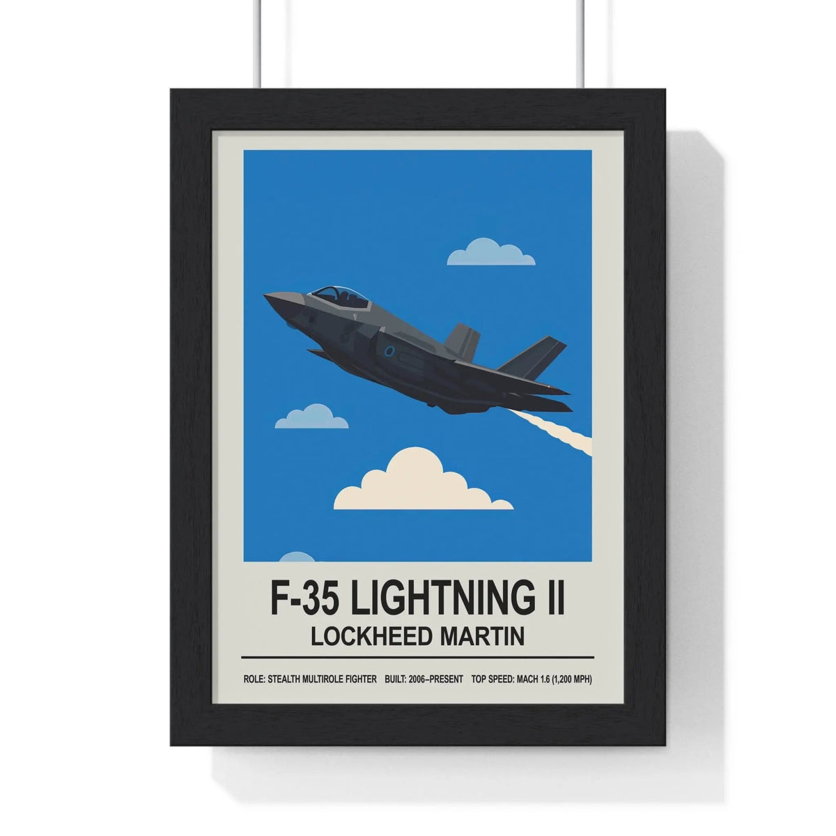 Black-framed lightning ii poster with stylized f-35 lightning stealth multirole fighter jet against blue sky