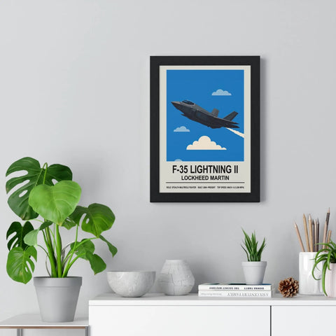 Black-framed lightning ii poster featuring a stylized dark gray f-35 lightning stealth multirole fighter jet on blue sky
