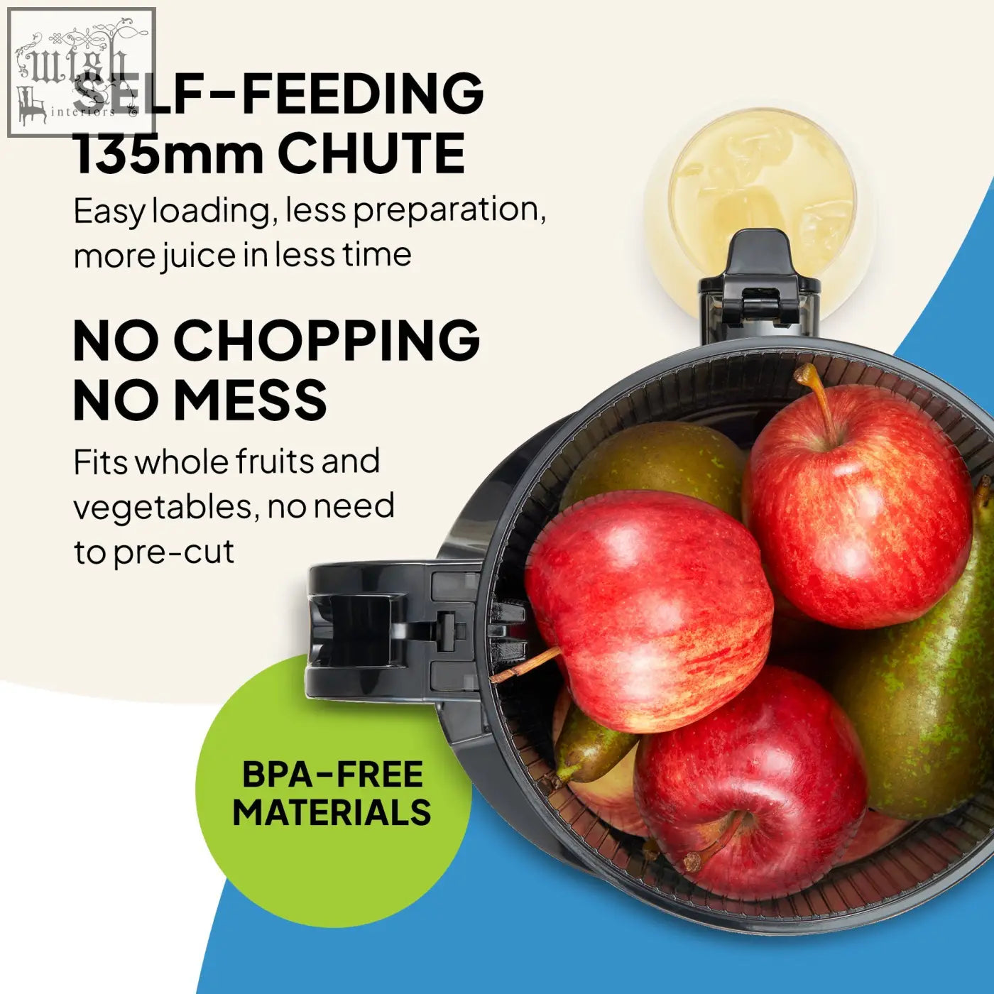 Black self feeding fruit juicer chute with 135mm capacity for easy whole fruit loading on f2500 model