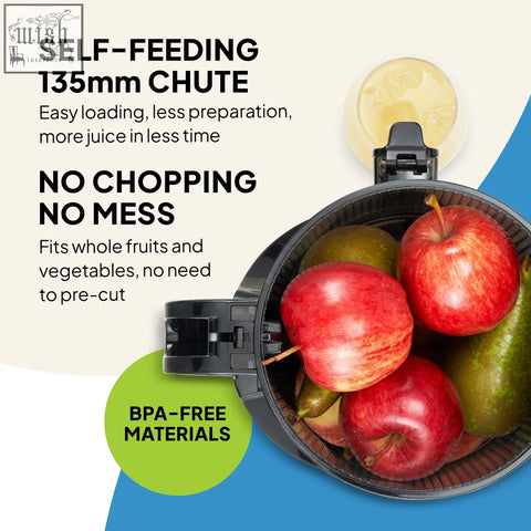 Black self feeding fruit juicer chute with 135mm capacity for easy whole fruit loading on f2500 model
