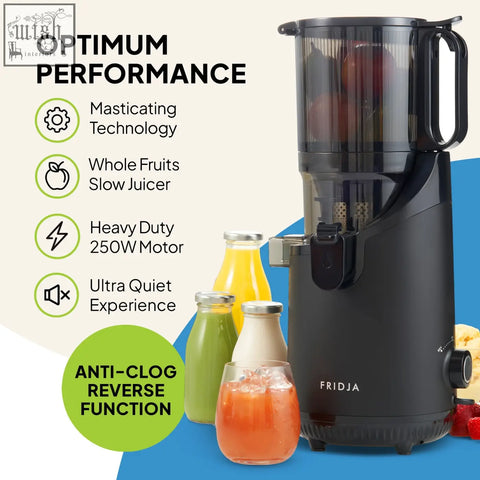 Black fridja f2500 self feeding whole fruit juicer with transparent feed chamber and handle for easy fruit juicing