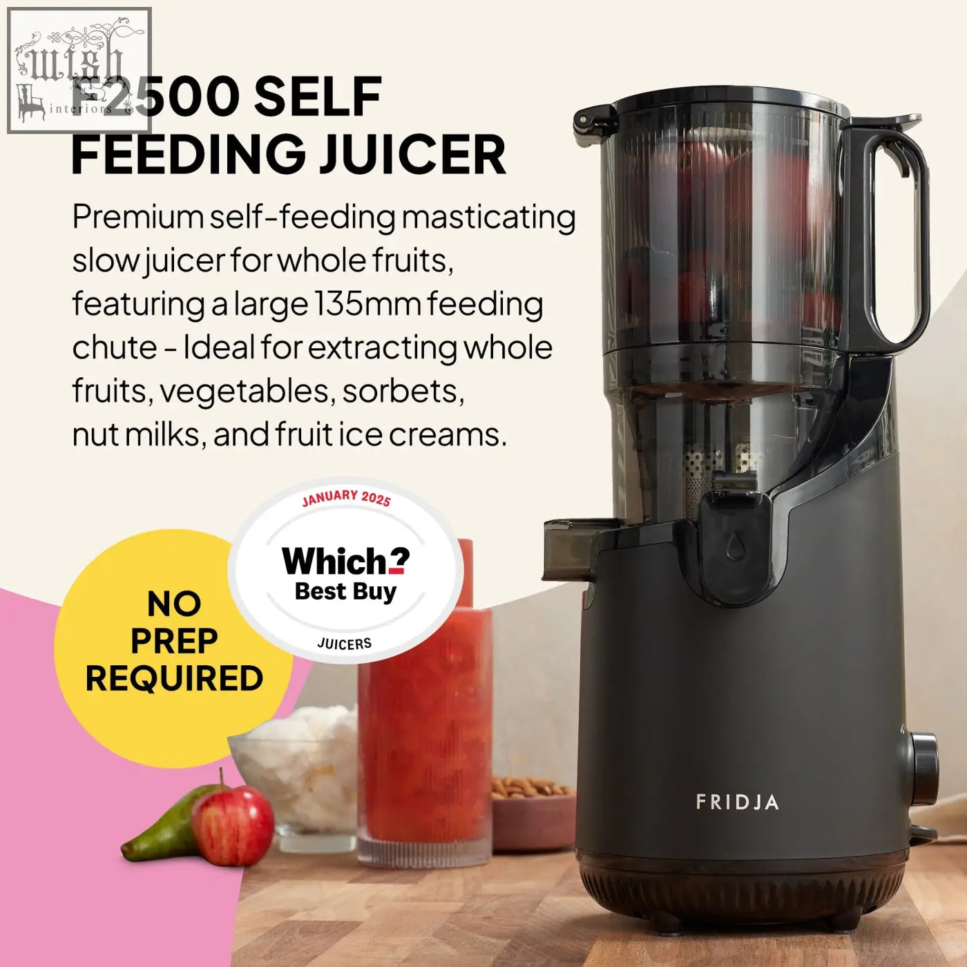 Black fridja f2500 self feeding whole fruit juicer with transparent chute and handle for easy fruit juicing