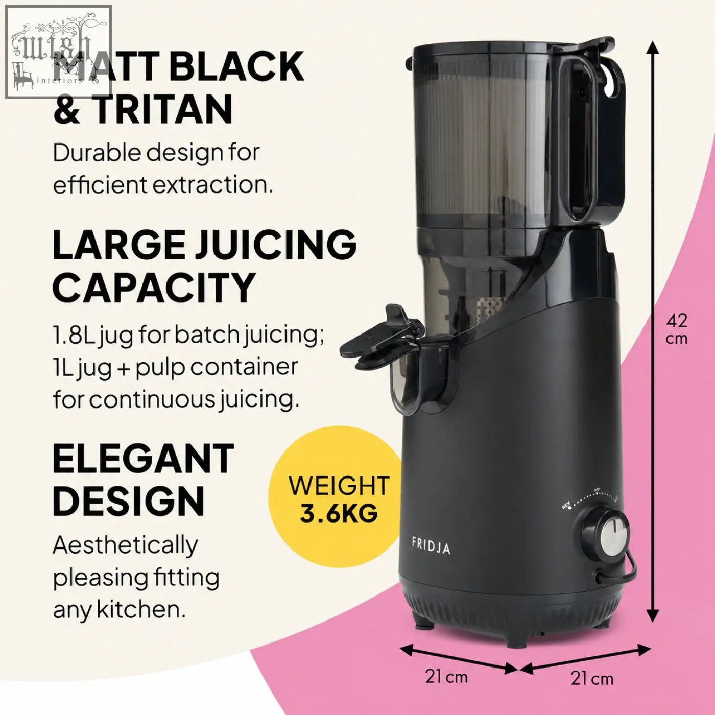 Matte black fridja f2500 fruit juicer with transparent tritan container and sleek modern self feeding whole fruit design