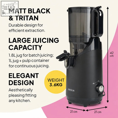 Matte black fridja f2500 fruit juicer with transparent tritan container and sleek modern self feeding whole fruit design