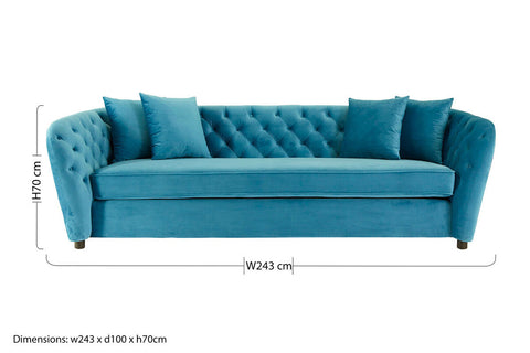 Riva 3 Seat Cyan Velvet Sofa
