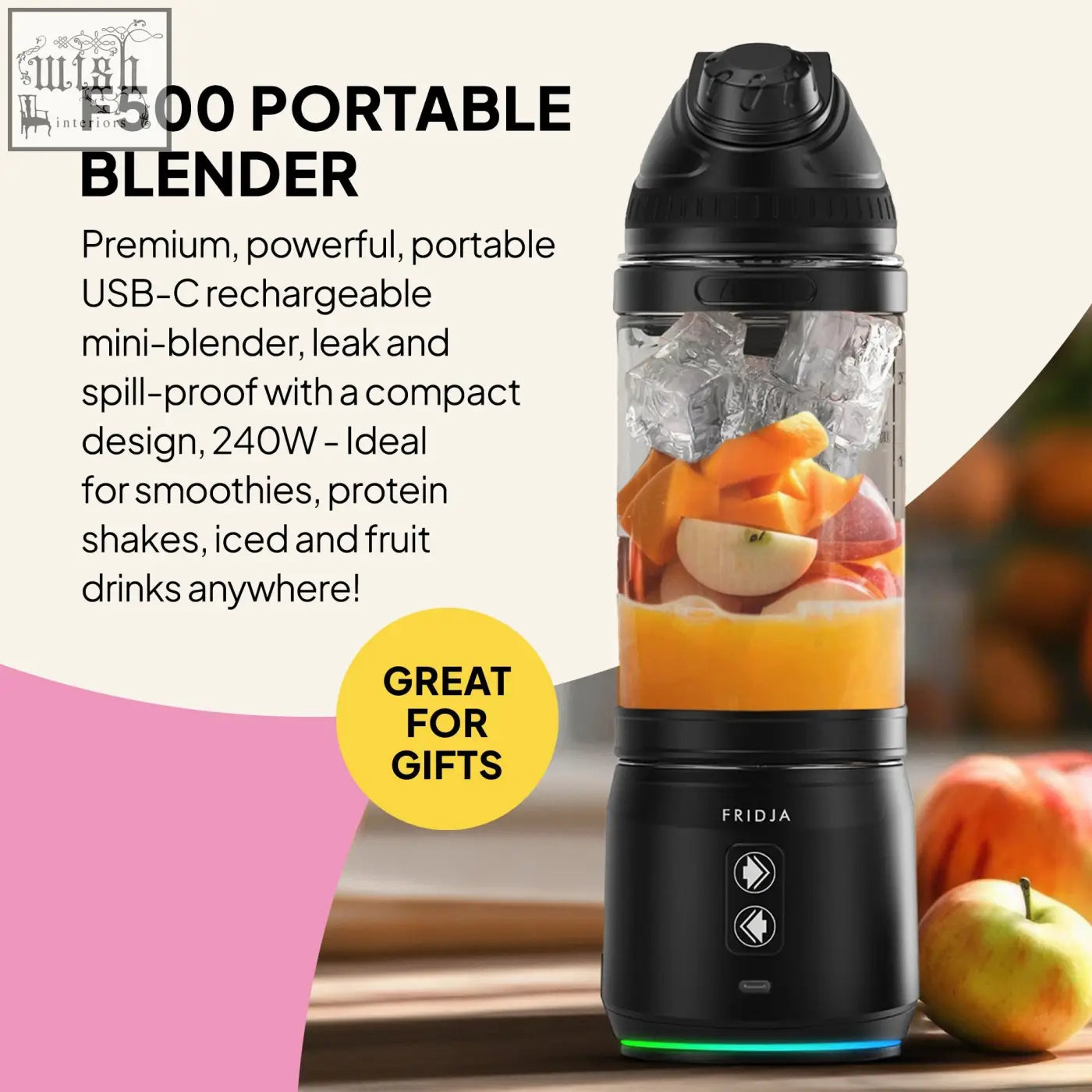 Black friday f500 portable blender with transparent chamber filled with fruit and ice and usb-c rechargeable base