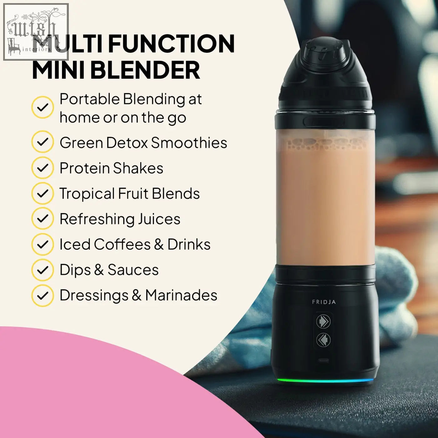 Black fridja f500 portable blender with transparent cup filled with light brown liquid for on the go blending
