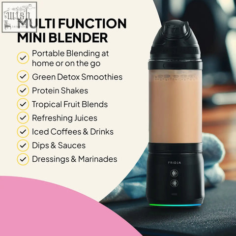 Black fridja f500 portable blender with transparent cup filled with light brown liquid for on the go blending