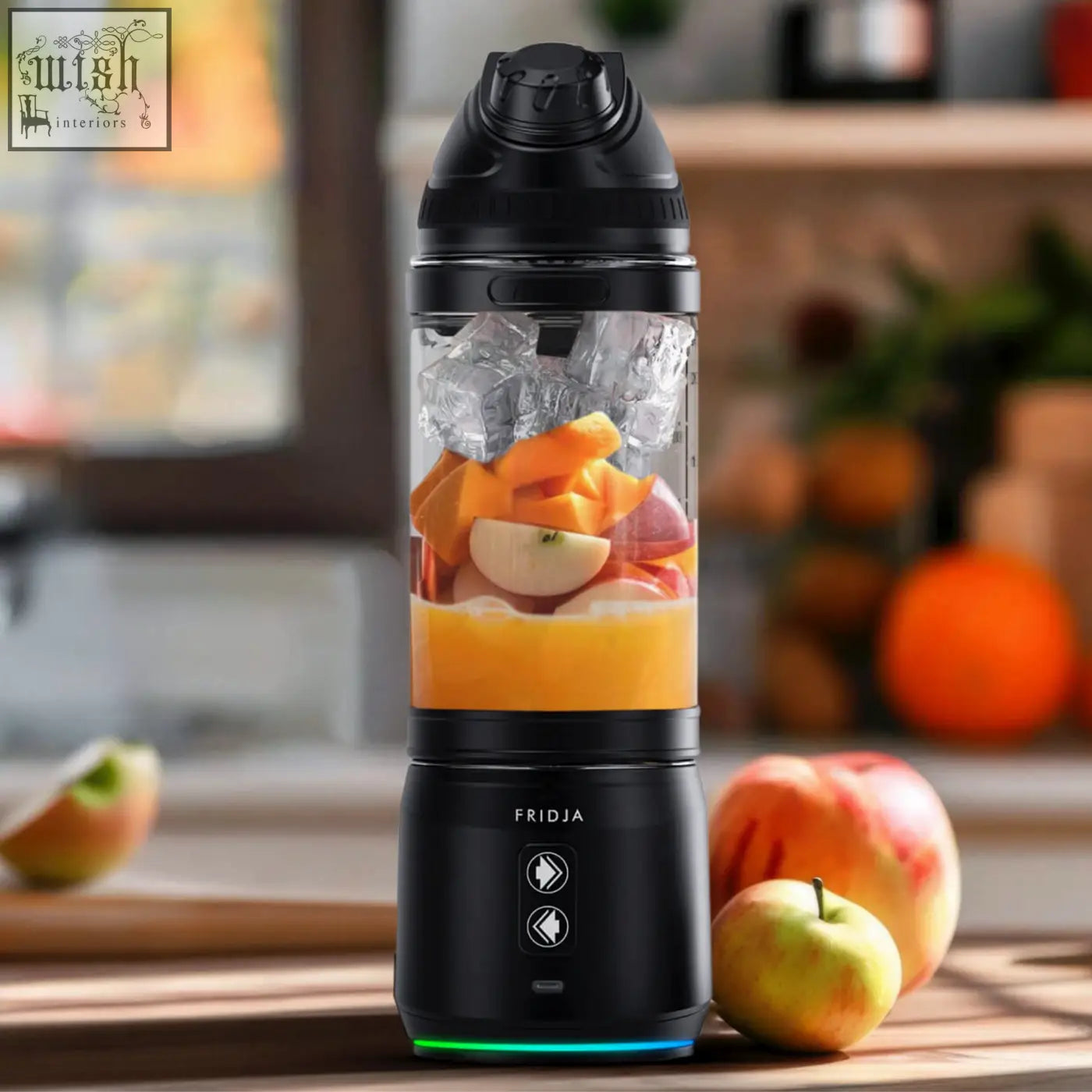 Black f500 portable blender with transparent container filled with ice and fruit glowing led lights at base