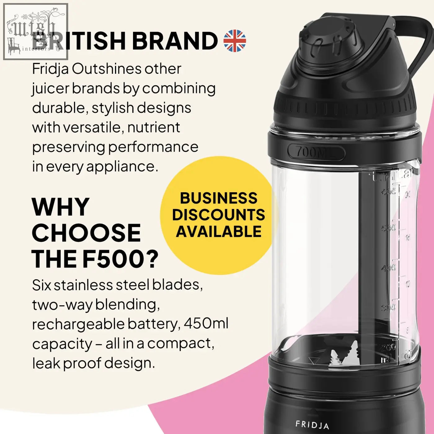 Black fridja f500 portable blender with transparent 450ml container and ergonomic sturdy lid for easy use