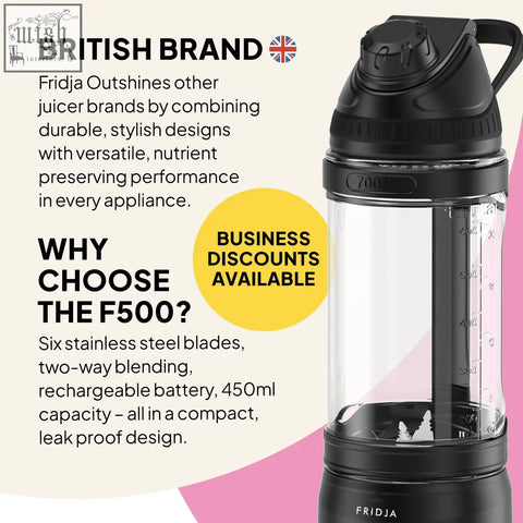 Black fridja f500 portable blender with transparent 450ml container and ergonomic sturdy lid for easy use