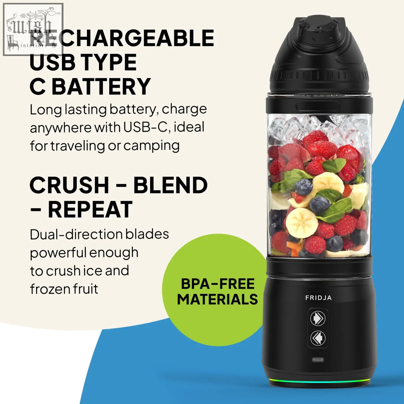 Black f500 portable blender with transparent container filled with mixed frozen fruit and ice for easy blending