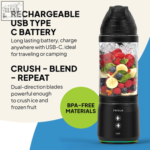 Black f500 portable blender with transparent container filled with mixed frozen fruit and ice for easy blending